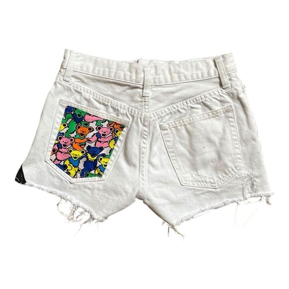 Upcycled High Rise Jean Shorts Reworked Grunge Concert Grateful Dead Bears S 25 - Picture 7 of 15